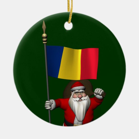ルーマニアの看板のあるサンタクロース セラミックオーナメント (正面)