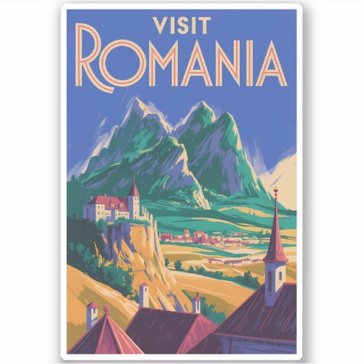 ルーマニアの風景イラスト旅行アートビンテージ シール (正面)