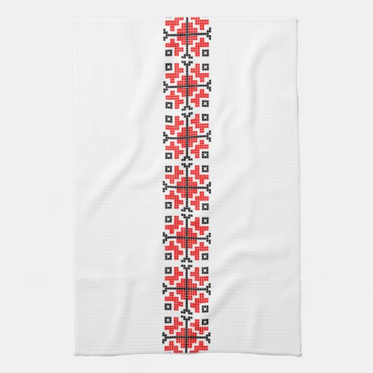 ルーマニアフォークエスニックフローラ幾何学模様の衣装 キッチンタオル (縦)