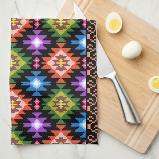 ルーマニア伝統的フォークのエスニックモチーフのラグ模様 キッチンタオル (四つ折り)