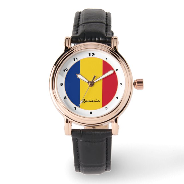 ルーマニア国旗とルーマニアトレンディーファッション/デザイン 腕時計 (正面)