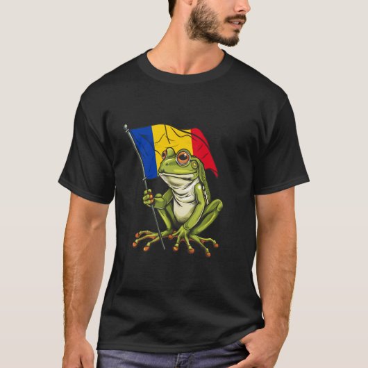 ルーマニア国旗カエルハートルーマニアプライドロマニ Tシャツ (正面)