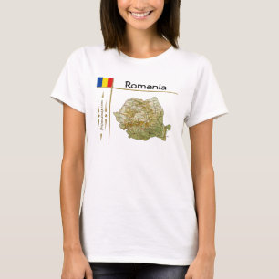 ルーマニア地図と国旗とタイトルTシャツ Tシャツ