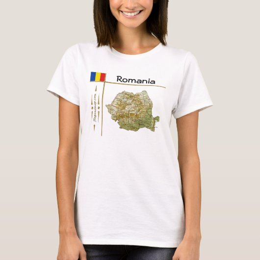 ルーマニア地図と国旗とタイトルTシャツ Tシャツ (正面)