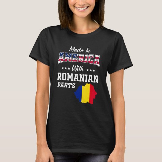 ルーマニア系アメリカ人のルーマニア地図とアメリカ国旗のルーツ Tシャツ (正面)