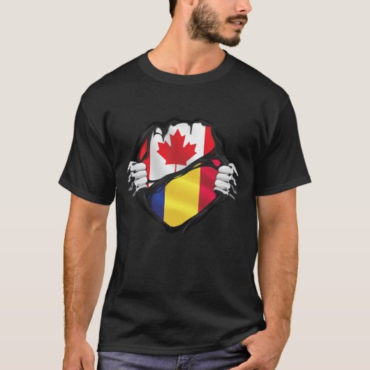ルーマニア語カナダ人手裂ルーツ国旗 Tシャツ (正面)