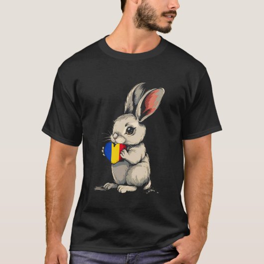 ルーマニア かわいいウサギ ハート ルーマニア国旗 ルーマニアン Ro Tシャツ (正面)