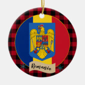 ルーマニア,赤いバッファローのプレイド&ルーマニア国旗 セラミックオーナメント (正面)