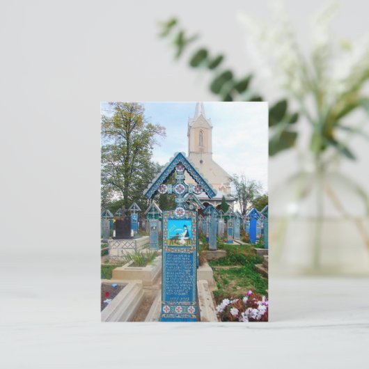 ルーマニア、Marumuresのメリーな墓地、木製に切り分けること シーズンポストカード (スタンド正面)