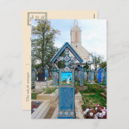 ルーマニア、Marumuresのメリーな墓地、木製に切り分けること シーズンポストカード (正面/裏面)