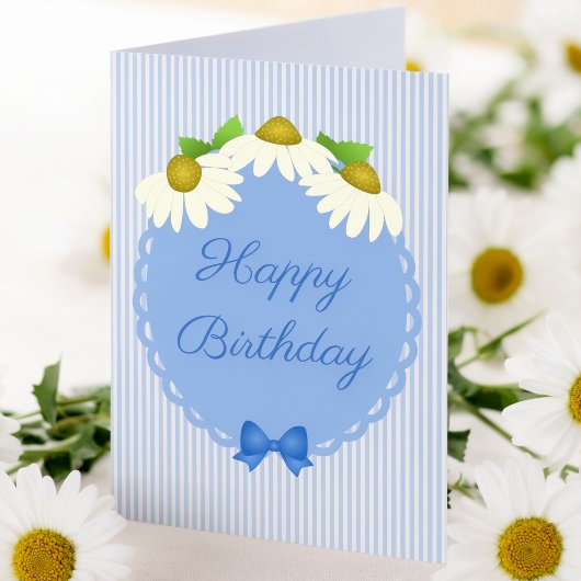 ルーミーブルーの縞模様とコーンフラワーの誕生日 カード