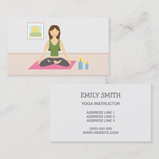 ルームヨガでヨガをするかわいい女の子ヨガインストラクター 名刺 (正面/裏面)