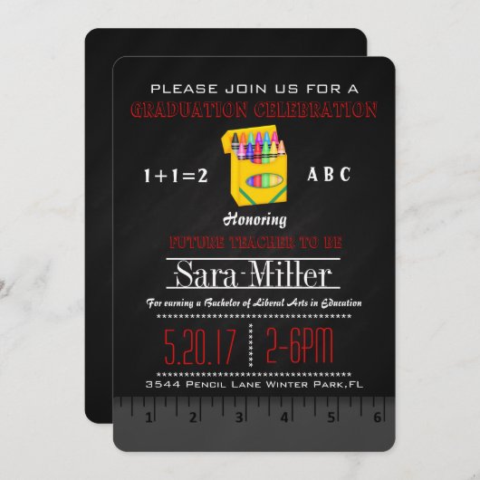 ルーラー&クレヨン先生卒業招待状 招待状 (正面/裏面)