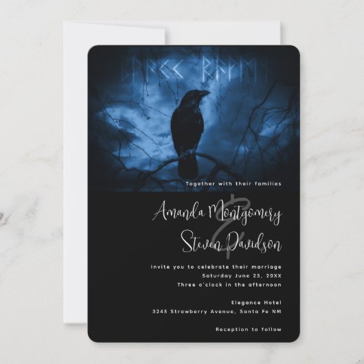 ルーンが刻まれた黒いカラスのダークゴス風結婚式 招待状 (正面)