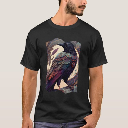 ルーンの北欧神話の羽を持つカラス Tシャツ (正面)