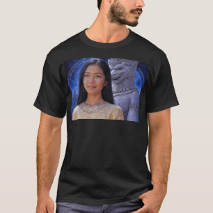 レアが羅胡の像と自分の姿を飾る Tシャツ