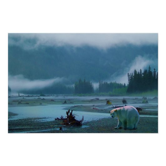 レアカーモードベア(Spirit Bear)と霧の深い川 ポスター (正面)