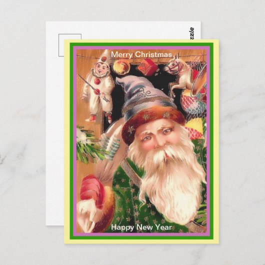 レアサンタパープルハットグリーンコートブラウンファー&スターズ ポストカード (正面/裏面)