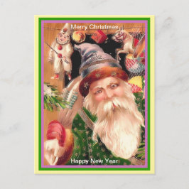 レアサンタパープルハットグリーンコートブラウンファー&スターズ ポストカード