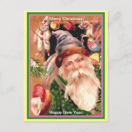 レアサンタパープルハットグリーンコートブラウンファー&スターズ ポストカード (正面)