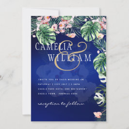 レアジー トロピカル ブルー グリーン ピンク フラワー ウェディング 招待状