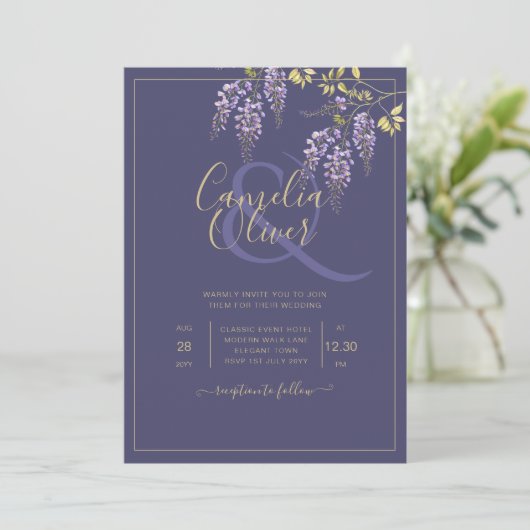 レアジー パープルゴールド ウィステリア フラワーズ ウェディング インビテーション (スタンド正面)