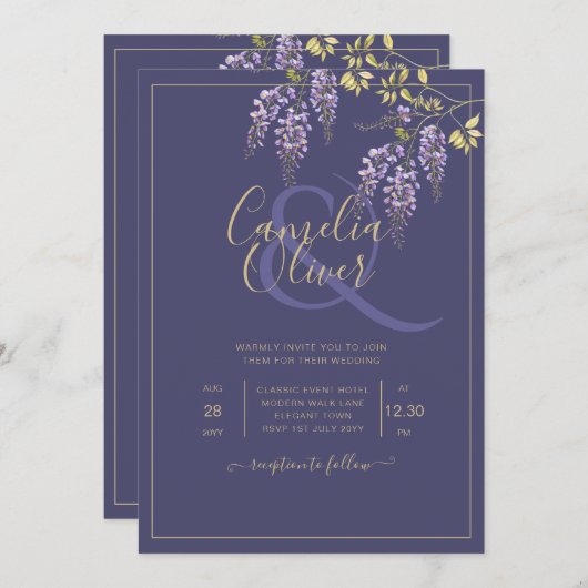 レアジー パープルゴールド ウィステリア フラワーズ ウェディング インビテーション (正面/裏面)
