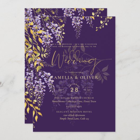 レアジー パープルゴールド ウィステリア フラワーズ ウェディング インビテーション (正面/裏面)