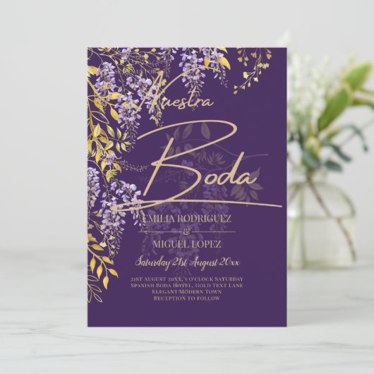 レアジー パープルゴールド ウィステリア フラワーズ ウェディング インビテーション (スタンド正面)