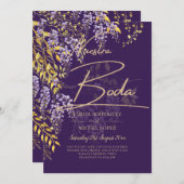 レアジー パープルゴールド ウィステリア フラワーズ ウェディング インビテーション (正面/裏面)
