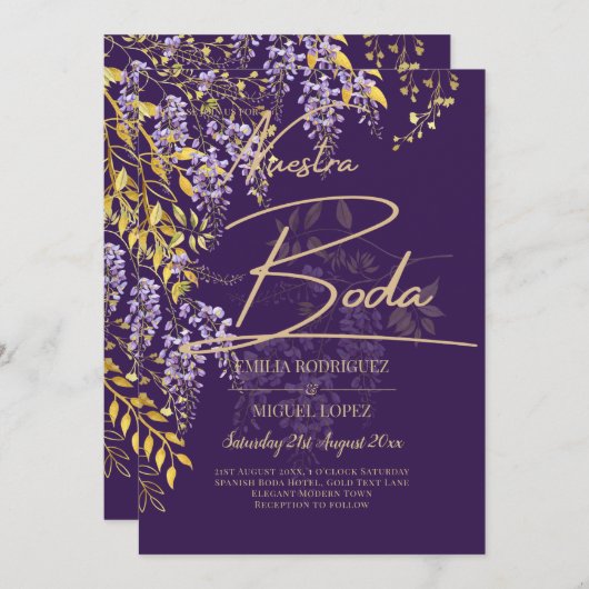 レアジー パープルゴールド ウィステリア フラワーズ ウェディング インビテーション (正面/裏面)