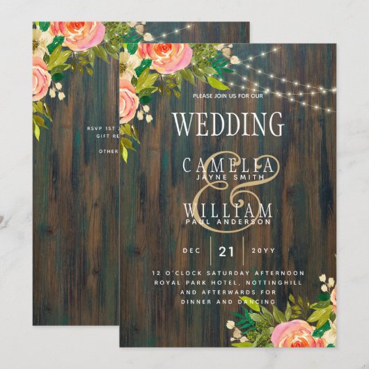 レアジー ラスティック ウッド ピーチ コーラル フローラル ウェディング 招待状 (正面/裏面)
