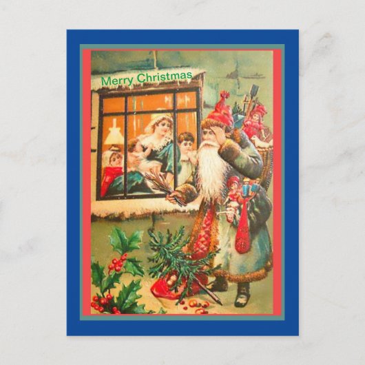 レアヴィンテージサンタ、ブルーコート、レッドハット、ブラウンファー ポストカード (正面)