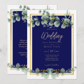 レアG ネイビーブルー ゴールド グリーン ユーカリ ウェディング 招待状 (正面/裏面)