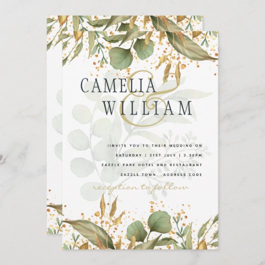 「レアG ボタニカル グリーナリー ゴールド ウェディング 招待状」 招待状 (正面/裏面)