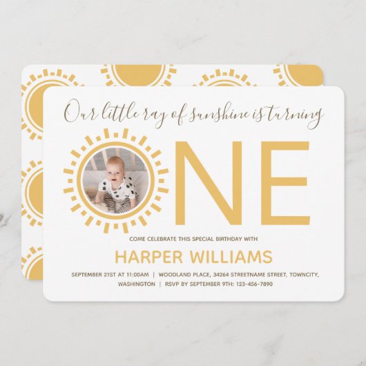 レイオブサンシャインフォトベビーファースト誕生日 招待状 (正面/裏面)