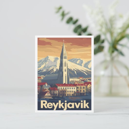 レイキャビクアイスランドアートヴィンテージトラベルイラストレーション ポストカード (スタンド正面)