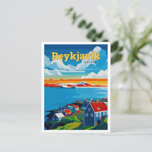レイキャビクアイスランドトラベルアートヴィンテージイラストレーション ポストカード (スタンド正面)