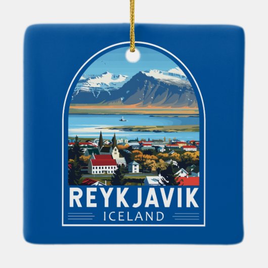 レイキャビクアイスランドトラベルアートヴィンテージ セラミックオーナメント (裏面)
