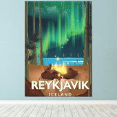 レイキャビクキャンピングヴィンテージトラベルポスター キャンバスプリント (インサイチュ (ウッドフロア))