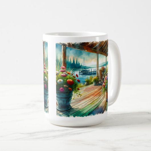 レイクかわいらしハウスビューデッキと花 コーヒーマグカップ (正面右)