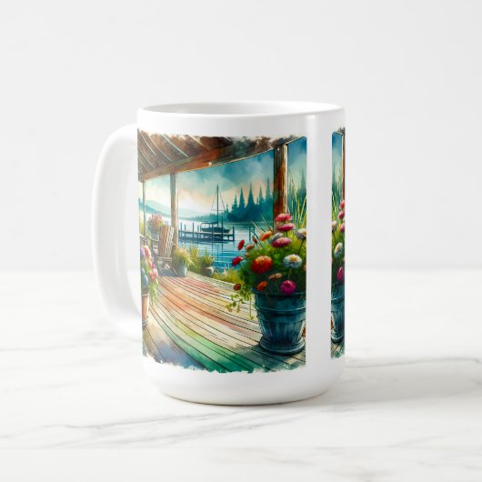 レイクかわいらしハウスビューデッキと花 コーヒーマグカップ (正面左)