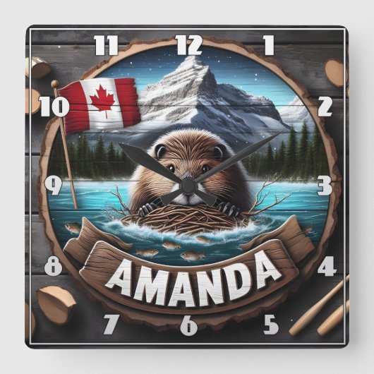 レイクによるカナダビーバーの営巣材の保持 スクエア壁時計 (正面)