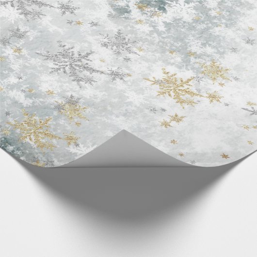 レイクアイス凍っていフレッシュ金ゴールド&シルバースノーフレーク ラッピングペーパー (角)