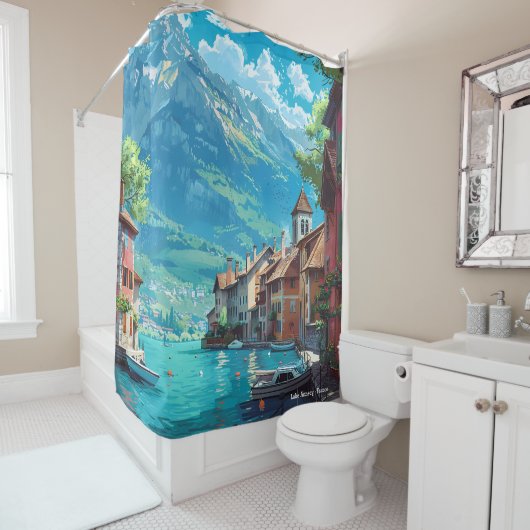 レイクアネシーフランスアートヴィンテージイラストレーショントラベル シャワーカーテン (インサイチュ)