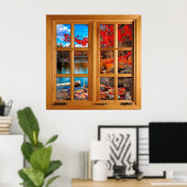 レイクカラフルシーンスクエアフェイクウィンドウの錯視 ポスター (ホームオフィス)