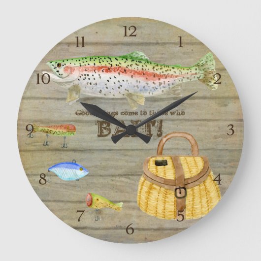 レイクキャビントラウト魚釣りクレールルースヴィンテージ ラージ壁時計 (正面)