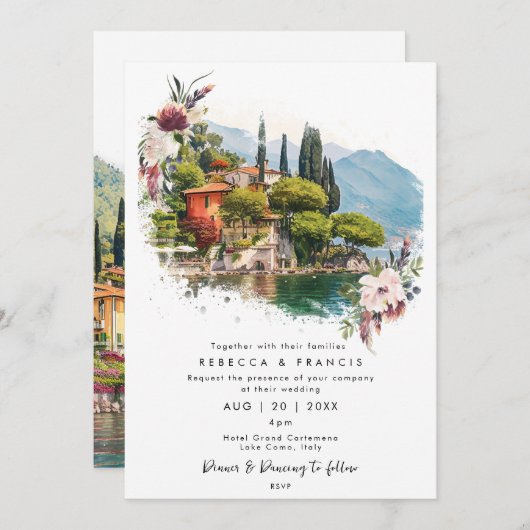 レイクコモ、イタリア花模様結婚式招待状 招待状 (正面/裏面)