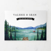 レイクサイドキャンプグラウンドリゾート |図解入りの、写真付きの結婚s 三つ折り招待状 (カバー)