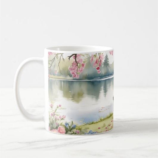 レイクサイドスイングinロマンチックな水のカラーガーデン コーヒーマグカップ (左)